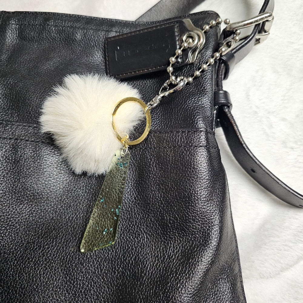 Beautiful Beacons Sparkly Green Resin Dangle and White Fluff Heart Purse Charm